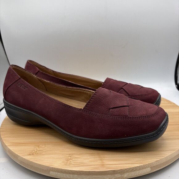 Hotter Havana Women's US 10 Low Wedge Loafer Burgundy Nubuck Woven Leather Toe - Picture 1 of 11